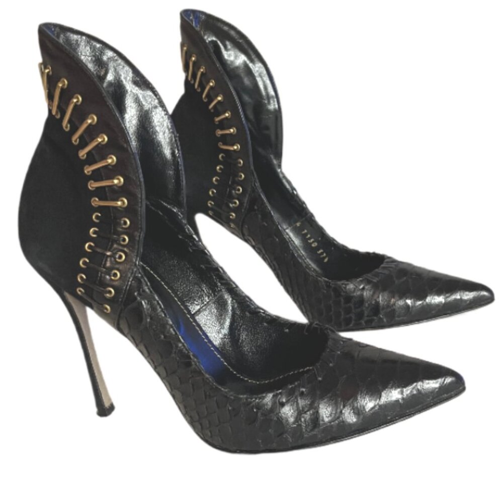 Sergio Rossi Limited Editition Blk Suede & Python Leather Pumps Size 37.5/US 7.5